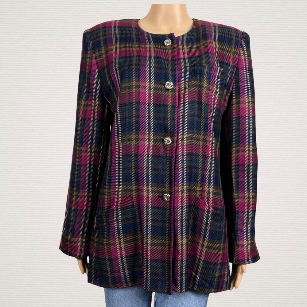 Vintage J. Gallery Multi Color Plaid Button Up Blazer Jacket SZ 14 Lined Pocket